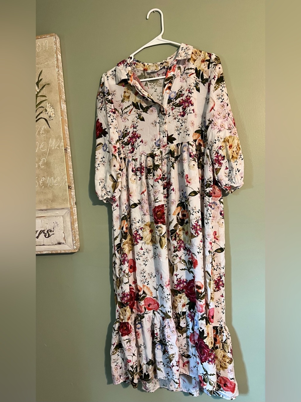 Zara White Floral Tiered Midi Dress with Pink & Yellow Blooms